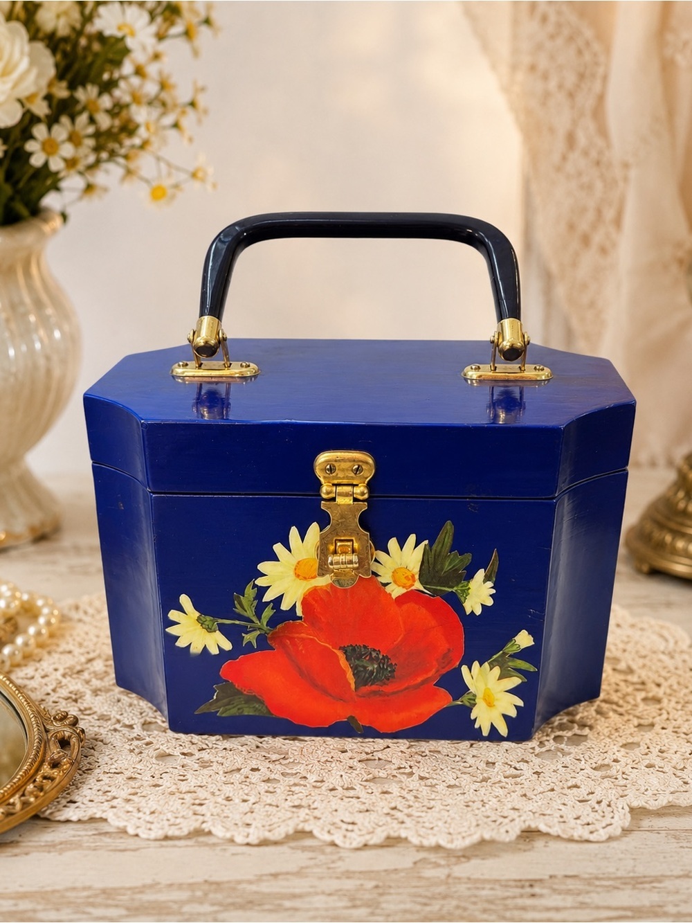 VTG Wooden Floral Box Purse Blue Hand Painted Lucite Handle Velvet Lined Handbag
